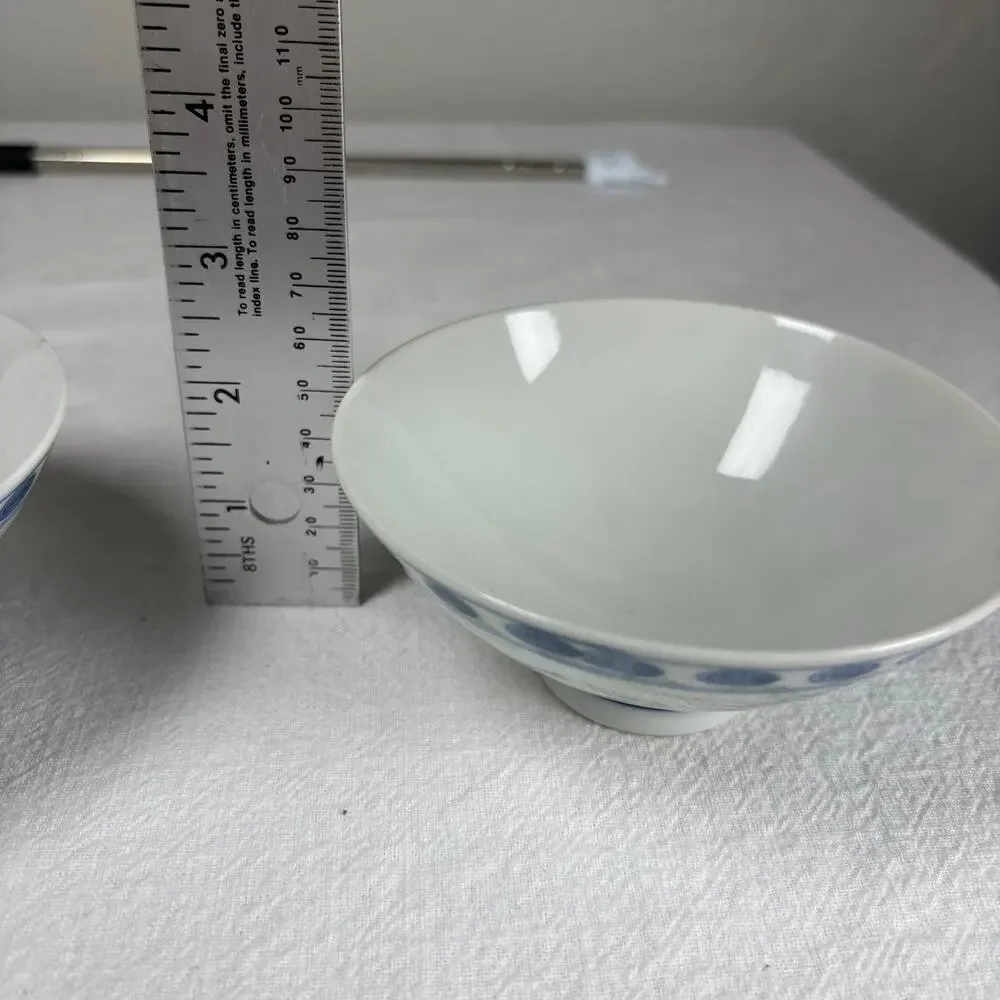 Vintage Asian Porcelain Rice Bowls Set of 2 Blue Bird Floral Footed Bowls